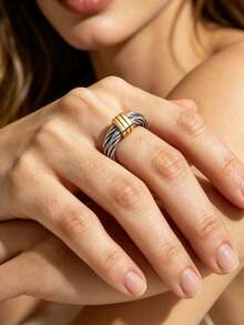 1pc Fashion Vintage Stainless Steel Cable Rope Closed Ring For Women Suitable For Daily Wear Gift For Family Friends Lovers On Holidays - Multicolor - View 4