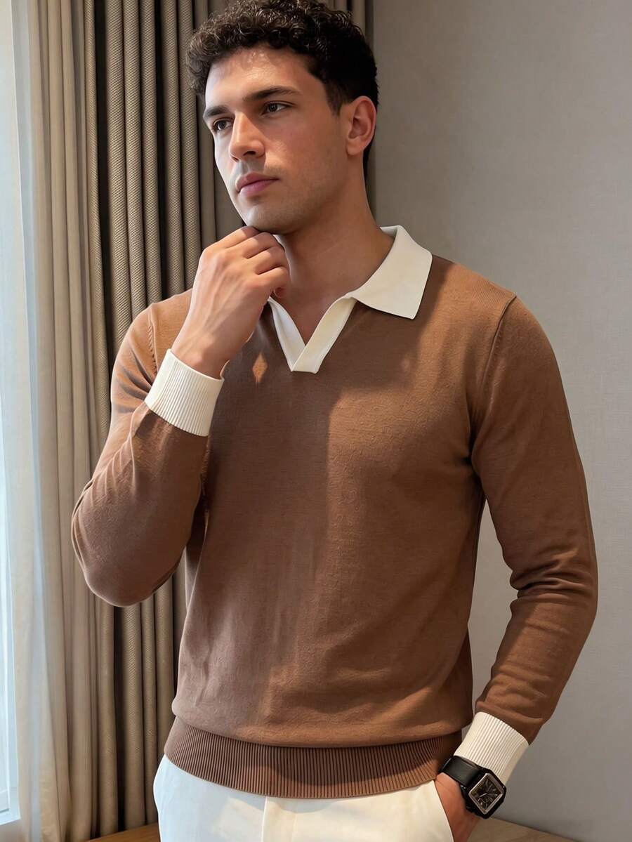 ALTZTAR Men's Patchwork Seagull Collar Long Sleeve Ribbed Knit Sweater - Brown - View 1