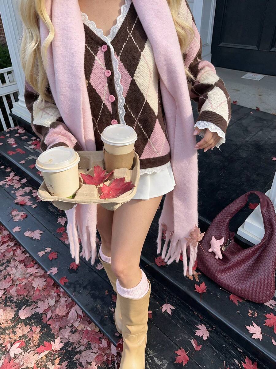Fall/Winter Argyle Pattern Lace Patchwork Cardigan Going Out Business Fashion Knit Sweater Top - Pink - View 1