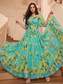 Elegant Women's Lake Green Lemon Print V-Neck Twist Knot, Ruffle Short Sleeve Long Dress, Suitable For Summer Wear - Green - View 1