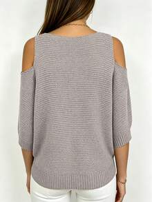 V-Neck Solid Color Cold Shoulder Women's Casual Daily Pullover Sweater - Light Grey - View 2