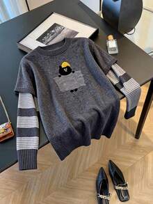 1 buah Sweater Rajut Wanita Motif Kartun Garis-Garis Patchwork 2 in 1, Atasan Rajut Pullover Lengan Panjang untuk Musim Gugur/Dingin - Dark Grey - View 5