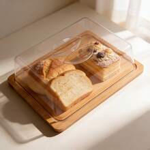 Bamboo Base + Transparent Dust Cover: Butter Dish / Cake Stand – Dust-Proof Display Tray For Afternoon Tea Snacks And Bread - View 4