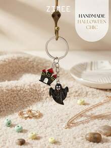 Halloween Spooky Black Ghost & Haunted House Keychain - Cute Enamel Festival Bag Charm & Purse Pendant Accessory - Multicolor - View 2