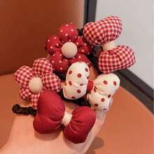 2pcs Velvet Red Flower Hair Tie, Cute Polka Dot Bow Scrunchie, Christmas Color Hair Accessory, Sweet Floral Hair Band For Daily Wear - Multicolor - View 4