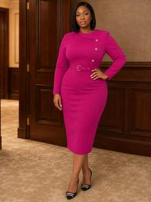 NOU Women's Mid-Length Basic Fitted Long Sleeve Dress With Contrast Panel, Round Neck, Side Chest Button Decor, Belt, Waist-Cinching Bodycon Pencil Skirt - Hot Pink - View 1