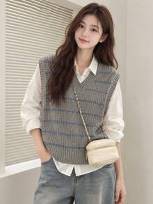 Alicedudu Women's Autumn/Winter Minimalist Striped V-Neck Pullover Vest Fall - Grey - View 1