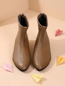 1 Pair Girls Vintage Camel Glossy Back Zipper Ankle Boots Suitable For Photography Shooting And Outdoor Outings Matching - Camel - View 3