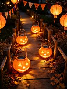 1PC Halloween Solar Iron‑Craft Pumpkin Lantern, Hanging LED Ambient Light, Weather‑Resistant Outdoor Decor Lamp For Garden Yard Patio Porch, Holiday & Theme Party Ornament - Multicolor - View 2