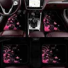 Set Of 4 Car Floor Mats, Designed For Sedan Or SUV, Easy To Clean Surface, Suitable For Car Owners, Decorated With Pink Butterfly And Flower Heart Design, Ideal Choice For Professional Environment And Fun Car Accessories. - Multicolor - View 1