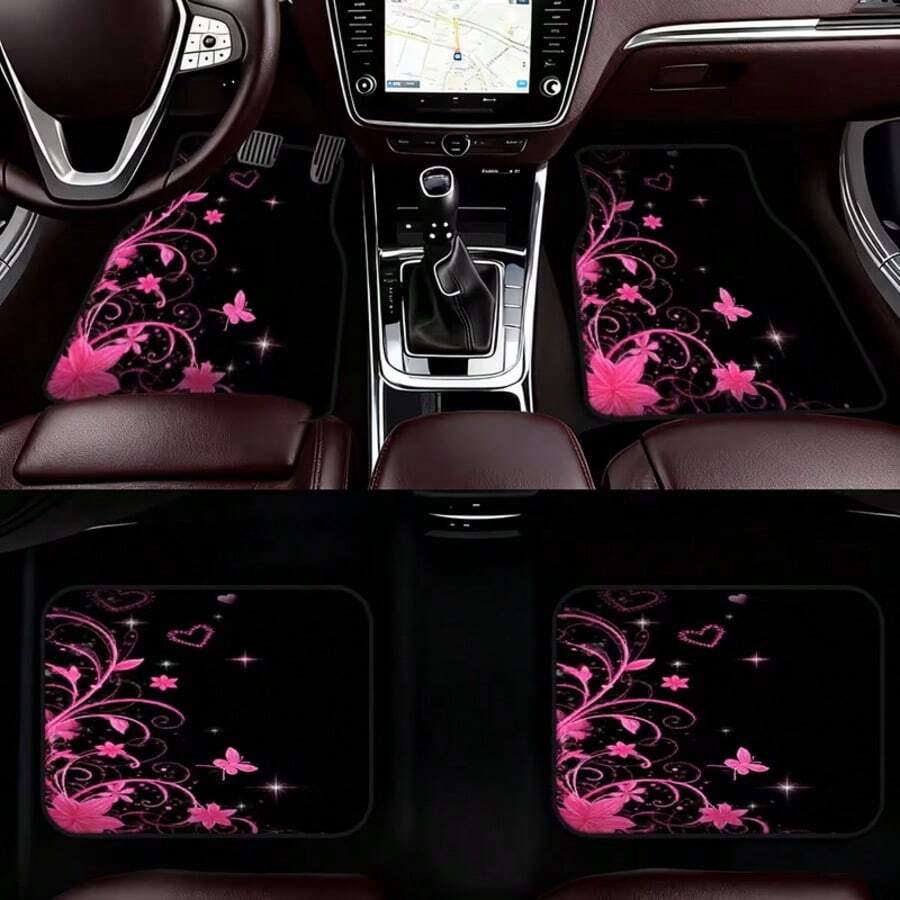 Set Of 4 Car Floor Mats, Designed For Sedan Or SUV, Easy To Clean Surface, Suitable For Car Owners, Decorated With Pink Butterfly And Flower Heart Design, Ideal Choice For Professional Environment And Fun Car Accessories. - Multicolor - View 1