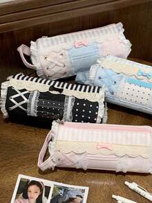Cute Y2K Lace Pencil Case, Sweet Ruffle Bow Decor Stationery Bag, Large Capacity Pen Storage Bag, Portable Handheld Makeup Bag, Travel Brush Organizer - Multicolor - View 10