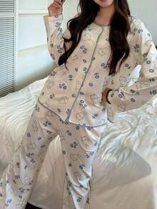 Gongdie 3 Pieces Miffy Women's Pajama Set,Fall White Soft Cotton Loungewear With Lace Trim And Pocket - White - View 3