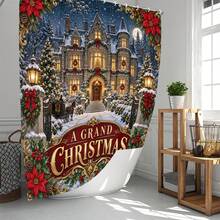 Set Dekorasi Kamar Mandi Natal Motif Kastil dan Pemandangan Salju Multifungsi 1pc/4pcs, Tirai Shower dengan Gratis 12 Kait, Keset Lantai U-Shaped dan Penutup Dudukan Toilet Bulat, Atmosfer Liburan Premium, Cocok untuk Semua Dekorasi Ruangan - Kastil Natal di tengah salju - View 2