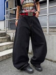 Infinite Jeans 1pc American Street Fashion Men's Large Pocket Embroidered Wide Leg Loose Comfortable All Season Denim Jeans Long Pants (Product Does Not Include Belt And Accessories) - Black - View 6