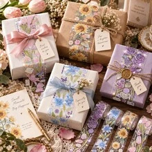 Cinta adhesiva larga de PET para embalaje, pegatina decorativa creativa con diseño floral, material DIY para planificador - Multicolor - Ver 4