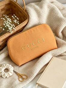 Tas Makeup Zipper Bentuk Kerang Warna Oranye Hangat dengan Interior Motif Bunga dan Logo Emas, Portabel untuk Travel, Penyimpanan Kosmetik, Hadiah untuk Wanita, Gucci Beauty Warm-Orange Shell-Shaped Zip Makeup Pouch - Kuning - View 5