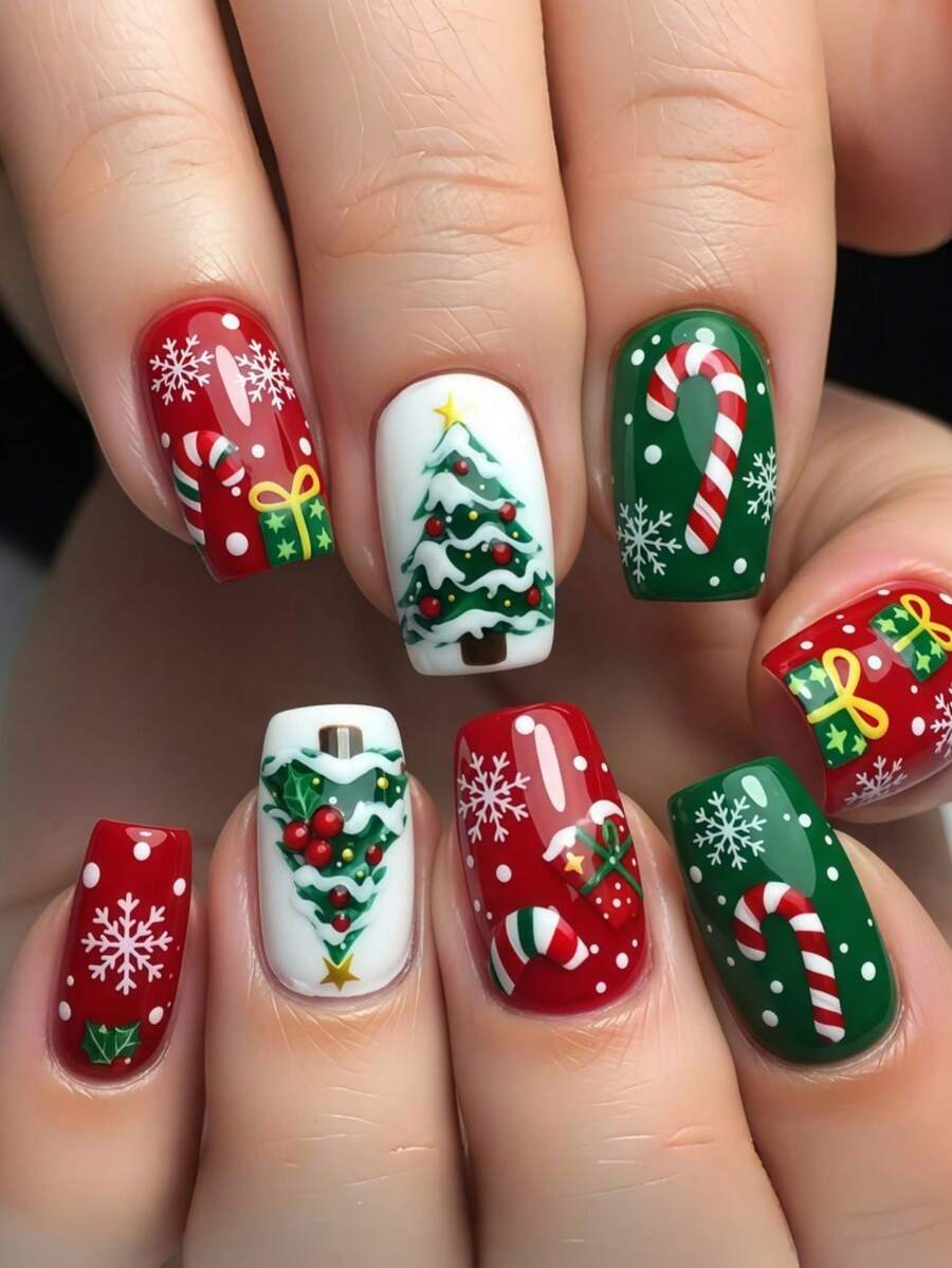 24 Pieces Red And Green Walking Stick Candies Christmas Tree Snowflake Gift Box Christmas Holiday Fake Nails Medium-Long Rectangular Wearing Nails - Multicolor - View 1