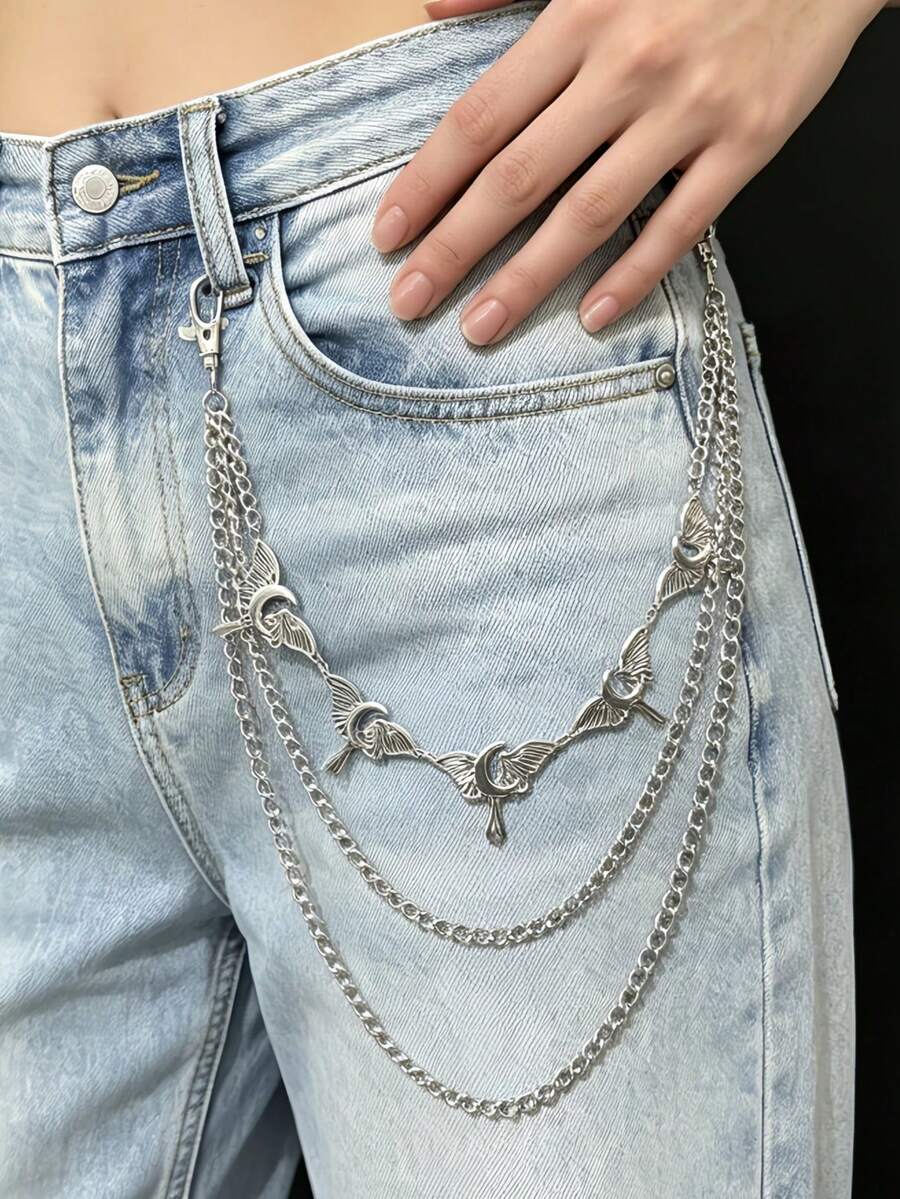 1PC Gothic Wing Moon Layered Pant Chain, Silver Metal Trouser Chain, Punk Waist Chain For Jeans, Halloween Outfit Accessory - Silver - View 1