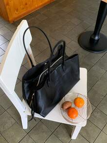 Women Solid Soft Faux Leather Tote Bag,Long Top Handles Side Tassel, Large Capacity With Inner Zip Pocket,Minimalist Elegant All-Season Office Commute - Black - View 6