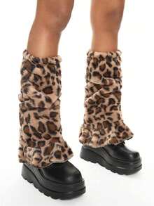 Women's Leopard Print Faux Fur Leg Warmers, Loose Ruffle Plush Knee-High Boot Covers, Y2K Winter Party Cosplay Accessory - Multicolor - View 4