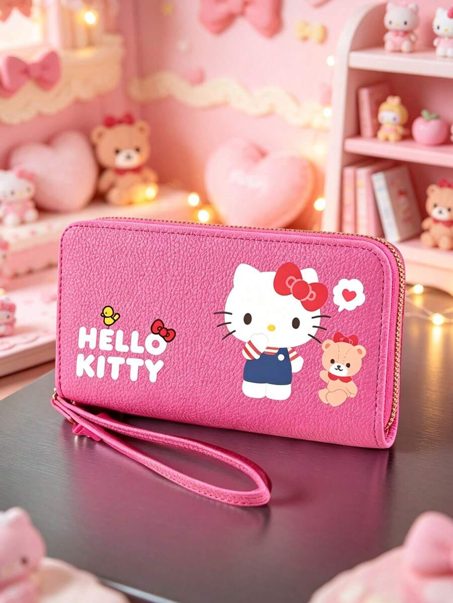 SANRIO 1Pc Cute Hello Kitty Graphic Long Wallet For Women Zip Around PU Leather Clutch Purse With Large Capacity Phone Pocket Wristlet Strap Multi Card Slots - Multicolor - View 1