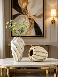 White Gold Fluted Rim Ceramic Flower Vase, 1 Piece Luxury Tabletop Ornament - 1PC - View 12