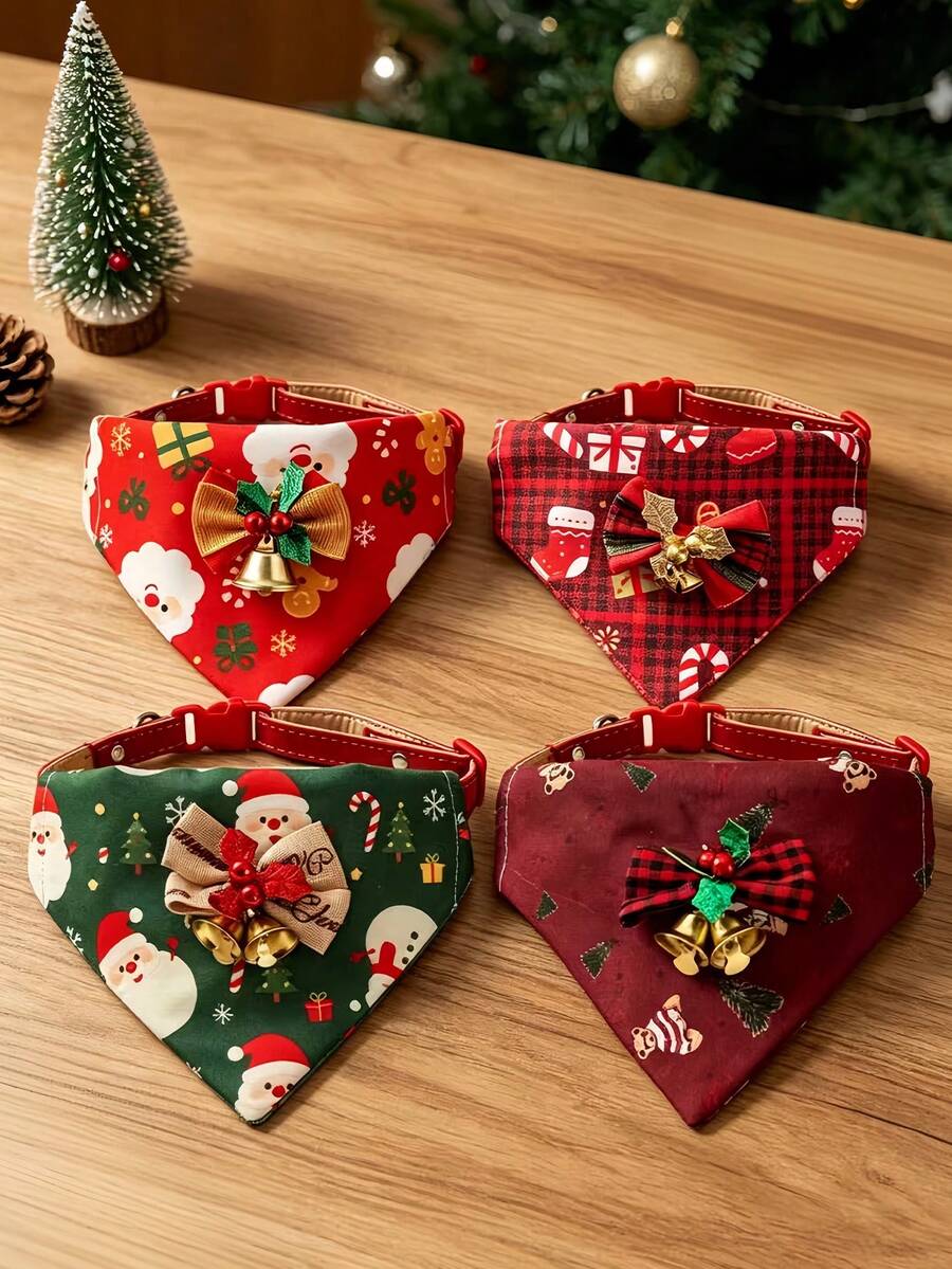 Christmas Dog Collar, Adjustable Non-Slip Design, Santa Claus And Christmas Tree Print, Christmas Cat Gift, Holiday Party Decoration, Suitable For Cats And Small Dogs - Multicolor - View 1