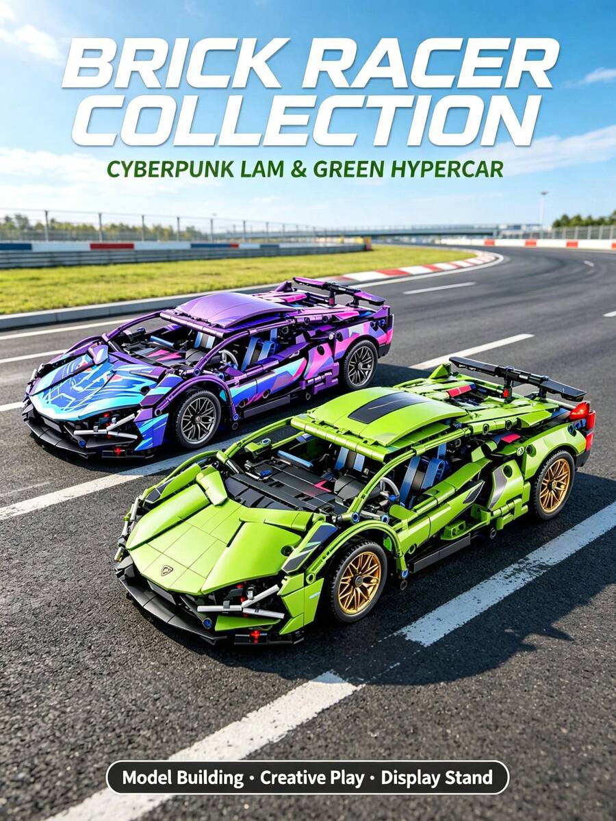 1:14 Scale Technical Racing Car Building Block Set, Cyberpunk Styles Cool Hypercar Model, DIY Assembly Small Particle Bricks Toy, Desktop Display Collectible Gift For Kids Aged 6 And Above And Racing Enthusiasts, As A Collectible Birthday Gift - Multicolor - View 1
