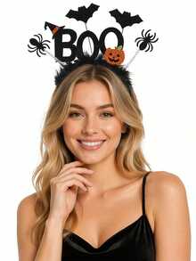 1pc Halloween BOO Headband, Ghost Bat Pumpkin Spider Fluffy Hair Hoop, Spooky Cosplay Party Trick Or Treat Hair Accessory - Black - View 2