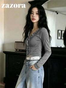 韓系小眾精緻 3D 荷葉邊飾長袖 T-shirt 女款內搭上衣 - 深灰色 - 查看 1