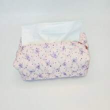 1pc Pink Quilted Bow Print Tissue Box Cover, Rhinestone Decor Fabric Napkin Holder, Cute Aesthetic Desktop Tissue Storage Bag For Living Room Bedroom Home Decor - View 1