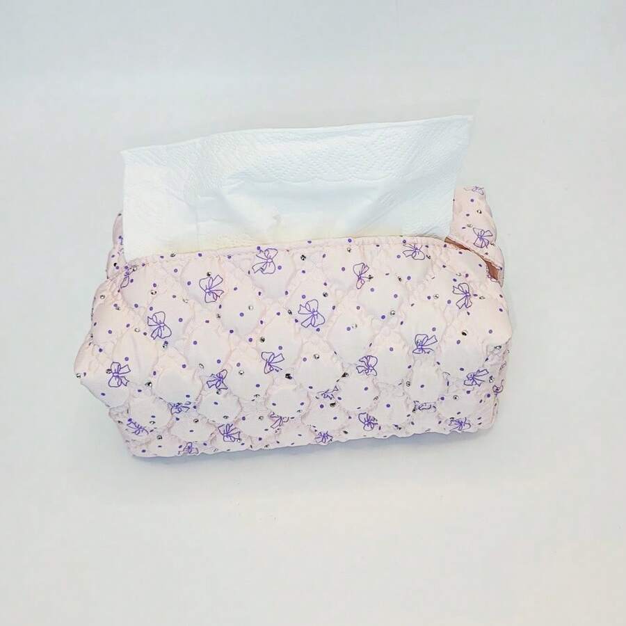 1pc Pink Quilted Bow Print Tissue Box Cover, Rhinestone Decor Fabric Napkin Holder, Cute Aesthetic Desktop Tissue Storage Bag For Living Room Bedroom Home Decor - View 1