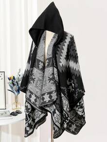 1pc Vintage Casual Geometric Pattern Hooded Cape Shawl - Multicolor - View 4