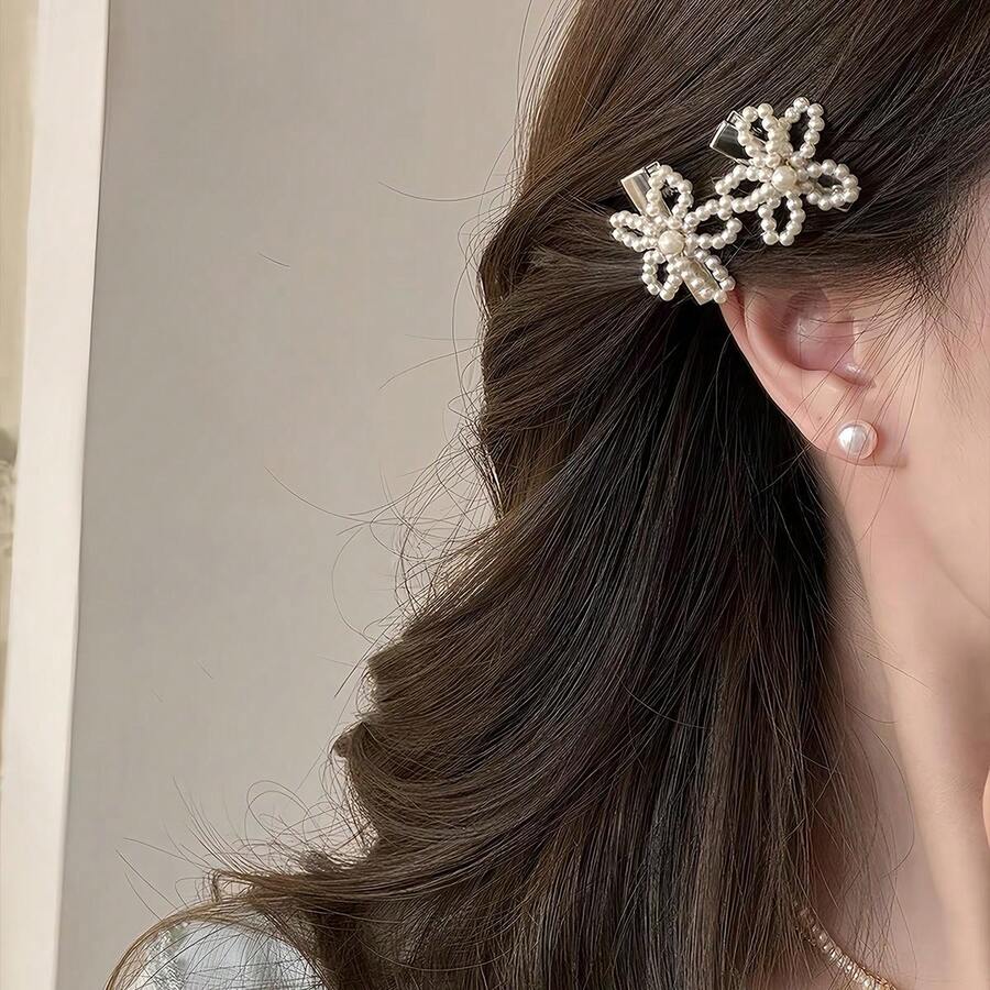 2 buah Jepit Rambut Bunga Mutiara Imitasi Buatan Tangan, Jepit Rambut Manik-manik Halus, Jepit Poni Serbaguna yang Manis, Jepit Rambut Dahi, Aksesori Rambut - Putih - View 1