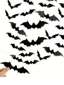 120/72/60/12pcs Halloween Bat Decorations, Halloween 3d Bat Wall Decor, Black Bat Wall Stickers, Black Bat Decals, Reusable, Suitable For Bathroom, Bar, Restaurant, Bedroom Door, Halloween Party Supplies, Winter Halloween Home Decor - Multiple Styles - View 1