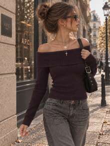 Women's Elegant Solid Color Cold Shoulder Sweater, Long Sleeve Slim Fit Pullover, Comfortable Autumn/Winter Basic Top, Suitable For Casual, Vacation, Date, Back To School Outfits - Brown - View 5