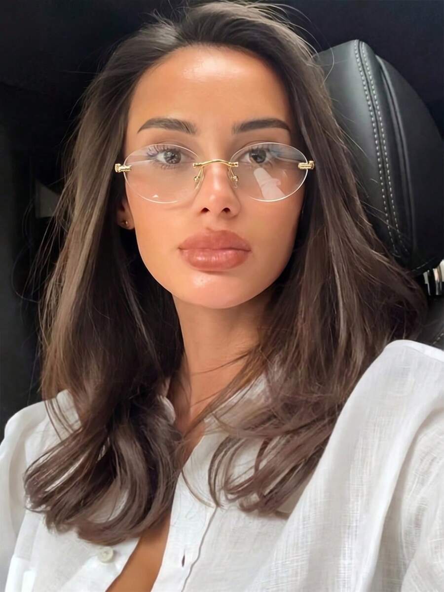1pc Women's Metal Rimless Oval Transparent Glasses, Gold Vintage Blue Light Glasses, High Intelligence Sexy Female Accessory, Suitable For Daily Life, Office Commute, Phone Computer, School, Autumn Winter Accessories
