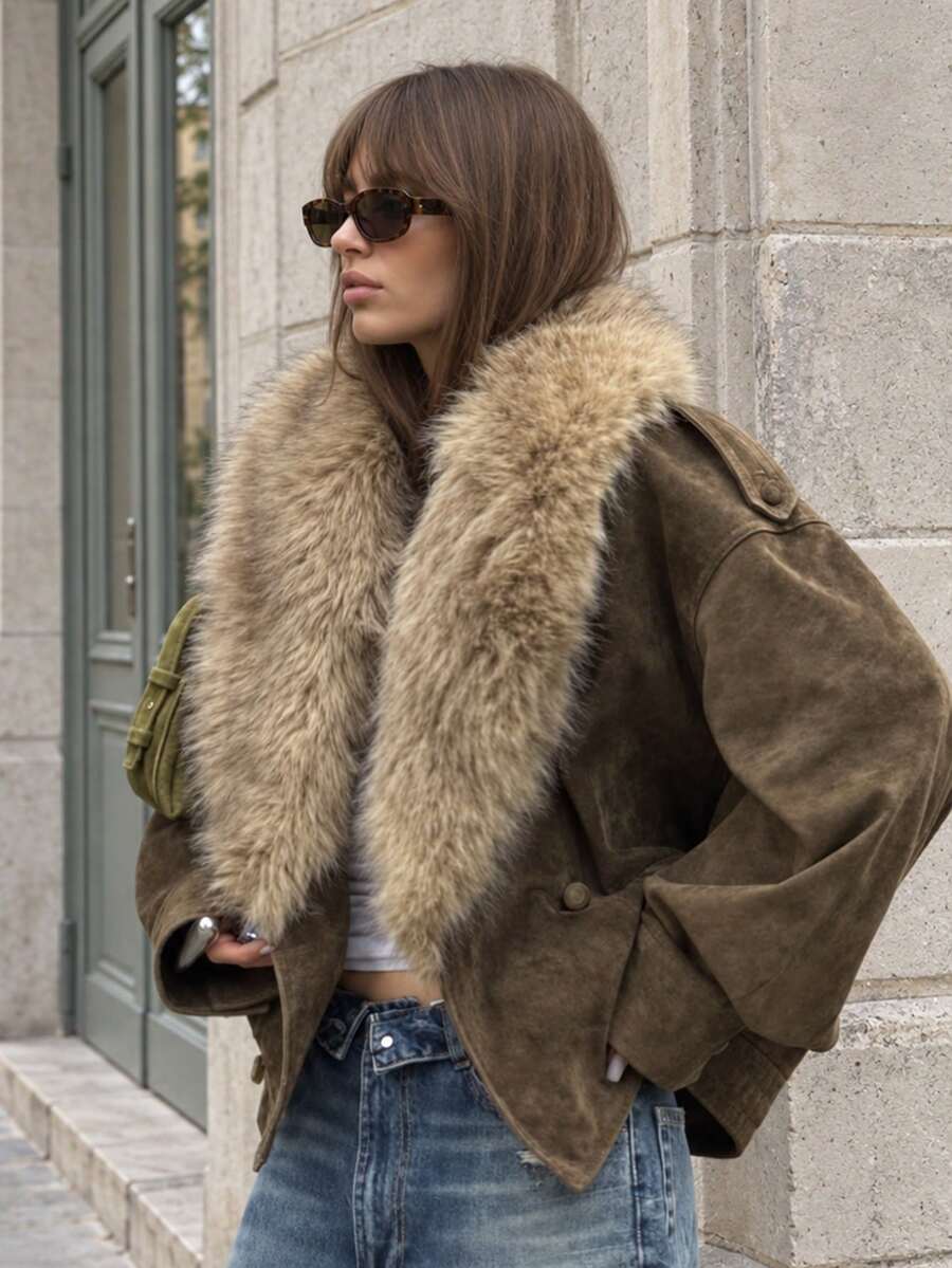 Winter Faux Fur Coat, Natural Women's High-Quality Genuine Leather Jacket With Oversized Faux Fur Collar, Luxury Style - Khaki - View 1