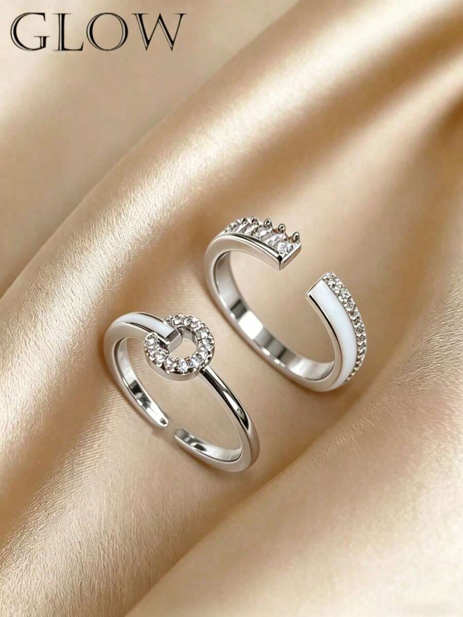 2pcs Copper Material Fashionable Luxury High-End Elegant Niche Design Personalized Versatile Silver Color Artificial Zirconia Geometric Open Ring Suitable For Children Girls Daily & Festival Wear - Multicolor - View 1
