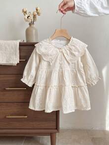 Girls' Gentle Style Beige Lace Dress With Embroidered Ruffle Collar And Long Sleeves - Apricot - View 2
