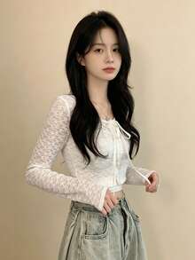 YCYC Kardigan Lengan Panjang Bertekstur Longgar Bergaya Korea Model Baru dengan Tali Pengikat untuk Wanita, Warna Putih untuk Musim Gugur - Putih - View 4