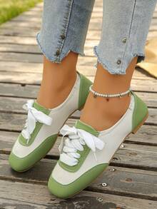 Women's Square Toe Satin Colorblock Lace-Up Ballet Style Sneakers, Ruched Heel Flat Casual Athletic Shoes, 1 Pair - Green - View 3