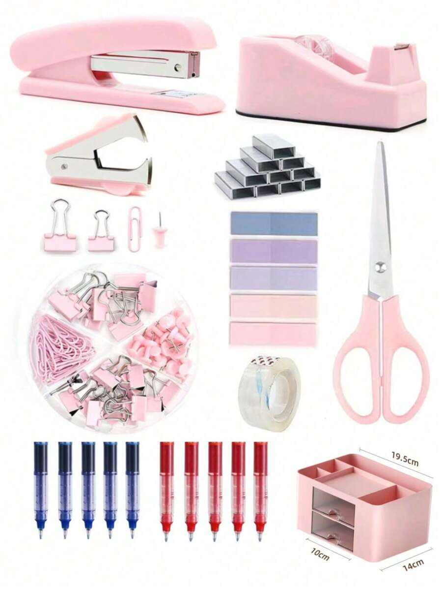 1 pieza Juego de útiles escolares y de oficina: Grapadora, Tijeras, Cinta adhesiva, Perforadora, Grapas, Vuelta al cole, Suministros escolares NJRB - Edición de caja de almacenamiento rosa - Ver 1