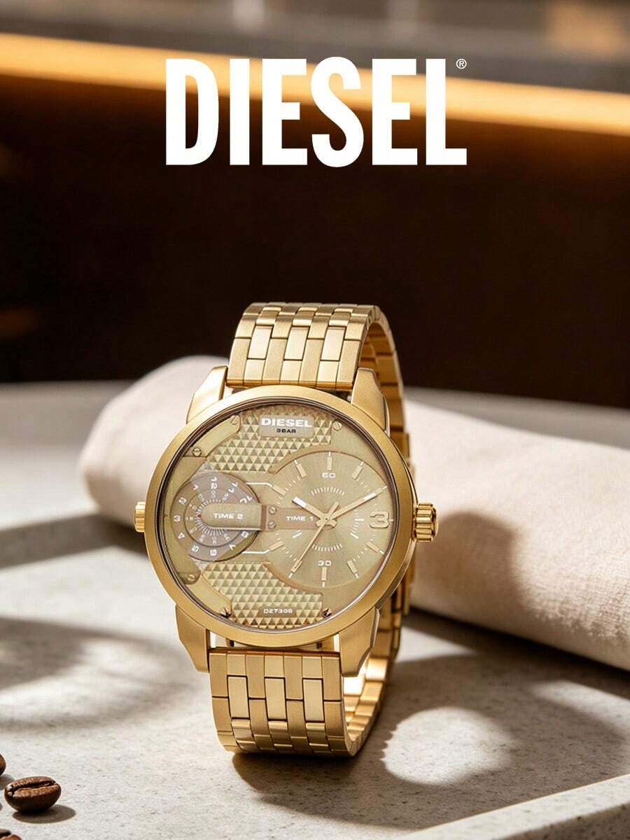 Diesel DZ7306 Luxury Gold‑Tone Men Watch, Dual‑Time Display Hollow Textured Dial For Business Daily Street Look - Gold - View 1