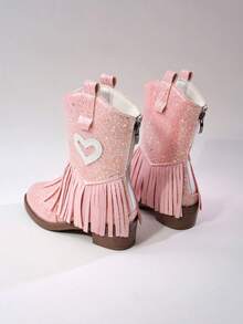 Girls' Kids' Short Mid-Calf Boots, Glitter Embroidered Tassel High Heel Western Boots, Color Block Round Toe Side Zipper - Pink - View 8