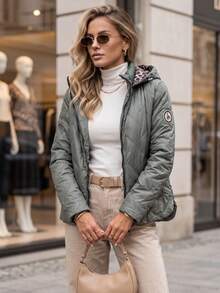 Women's Quilted Hooded Jacket With Detachable Hood, Zip Front And Side Pockets - Green - View 2