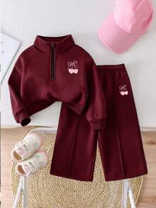 Baby Girl Cartoon Heat Transfer Print Solid Color Sportswear Set, Minimalist Design, Comfortable For Spring, Autumn, Winter, 2 Pieces Set - Red - View 1