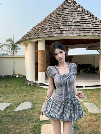 Women's Casual Ribbed Short Sleeve Top With Plaid Bow And Button Detail, Paired With Matching Bubble Hem Skirt, 2-Piece Set Summer Elegant