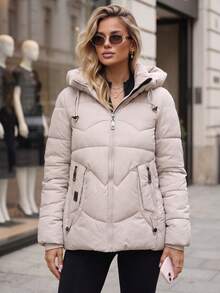Women's Quilted Hooded Jacket With Zip Pockets, Ribbed Cuffs And Regular Fit - Beige - View 2